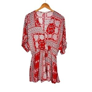 Lovestitch Womens Paisley Print Short Sleeve Romper Sz Medium Red V Neck